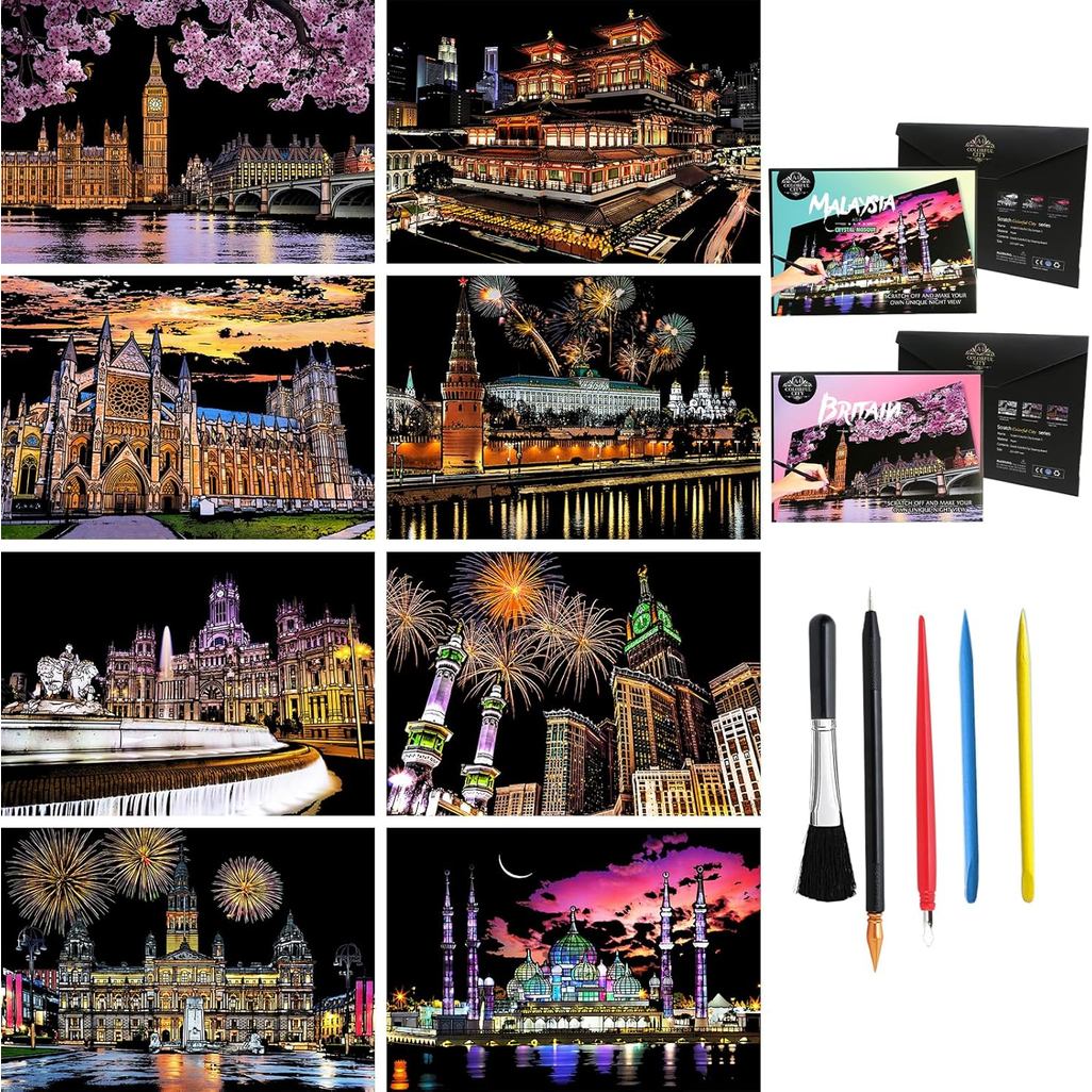 Toulideifaria 8 แผ่น Rainbow Scratch Art City Building Scratch กระดาษฟอยล์ Art สําหรับผู้ใหญ่ที่มีสี