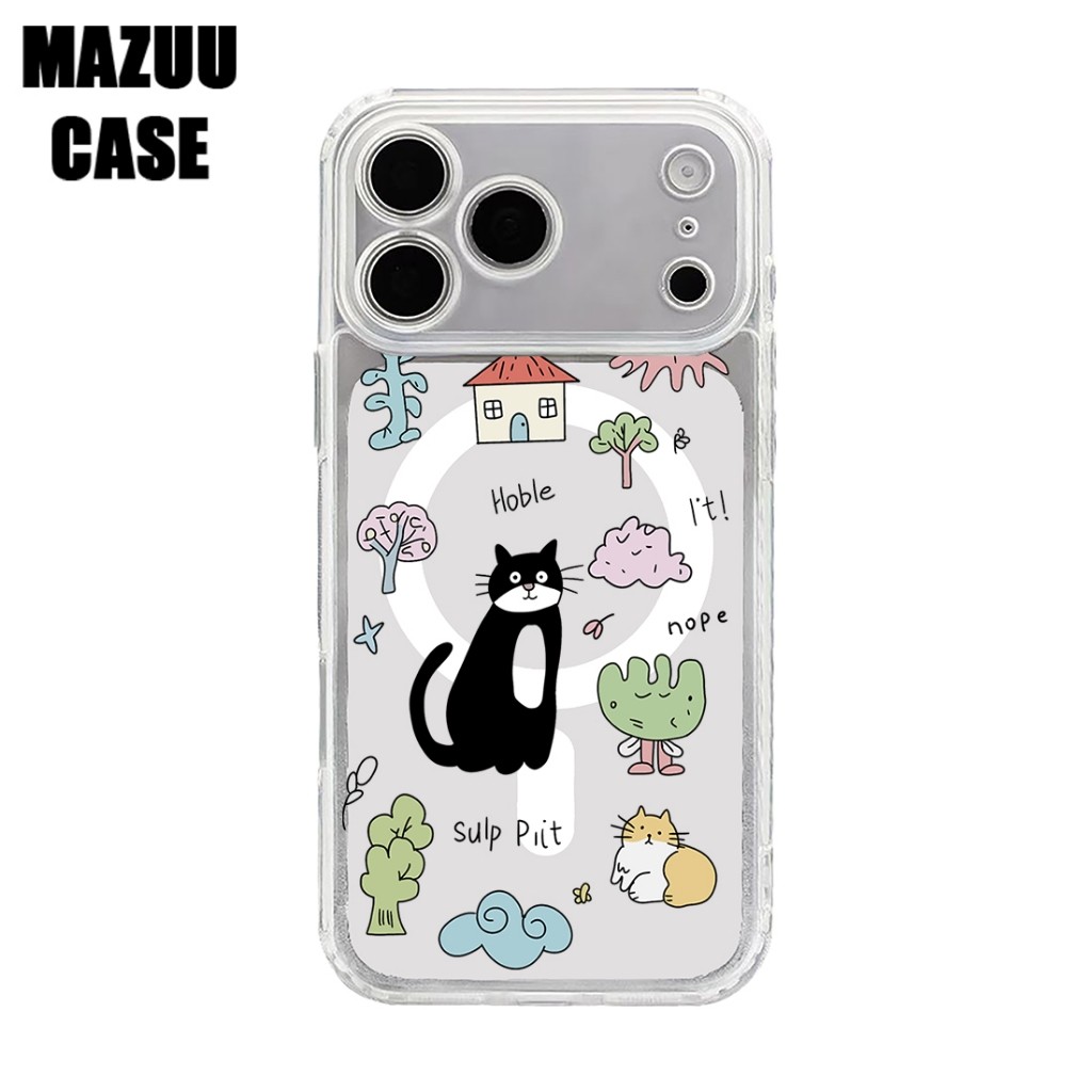 เคสไอโฟน แม่เหล็กใส TPU ครอบเลนส์เต็มตัว ลายแมวดำขาวสไตล์การ์ตูนบ้านและต้นไม้ iPhone 17 16 15 14 13 12 11 Pro Max Plus