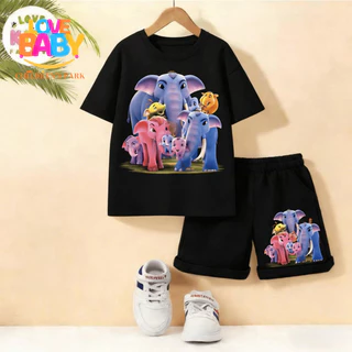 [COD]LE2 Khan Kluayชุดเสื้อ+กางเกงขาสั้นเด็ก ลายตัวละครช้างการ์ตูนสีสดใส สไตล์น่ารัก คุณภาพดี ใส่สบาย+（ชุดเสื้อยืดและกาง