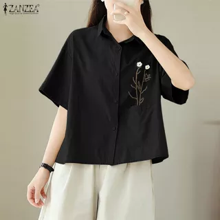 ZANZEA ผู้หญิงเกาหลี Street Stylish Turn-Down-Collar แขนสั้นปักพิมพ์ปุ่มเสื้อ