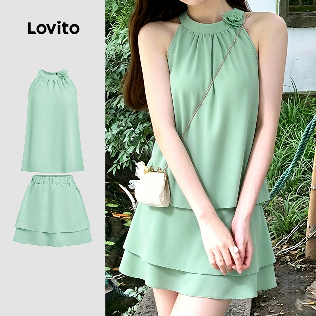 Lovito เสื้อท่อนบนสีเขียวอ่อนสําหรับผู้หญิงในฤดูใบไม้ผลิหรือฤดูร้อน แบบลําลองหรือกางเกง ตกแต่งด้วยการเย็บจีบ LK3ED1064