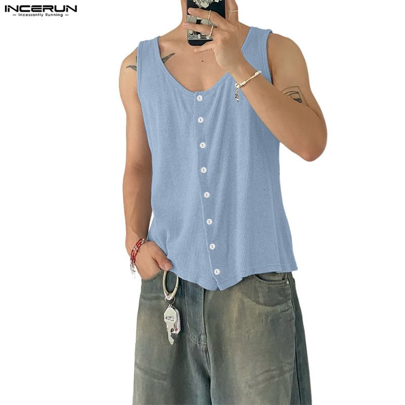 เสื้อกล้ามผู้ชาย INCERUN Mens Texture Button