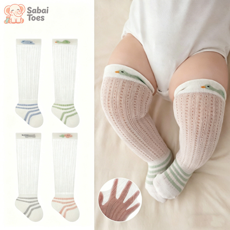 Sabai Toes ถุงเท้าเด็กยาวเหนือเข่า ผ้าฝ้าย ระบายอากาศ บาง แบบตาข่าย นุ่ม ไม่รัดขา กันลื่น ลายน่ารัก สำหรับเด็กเล็ก