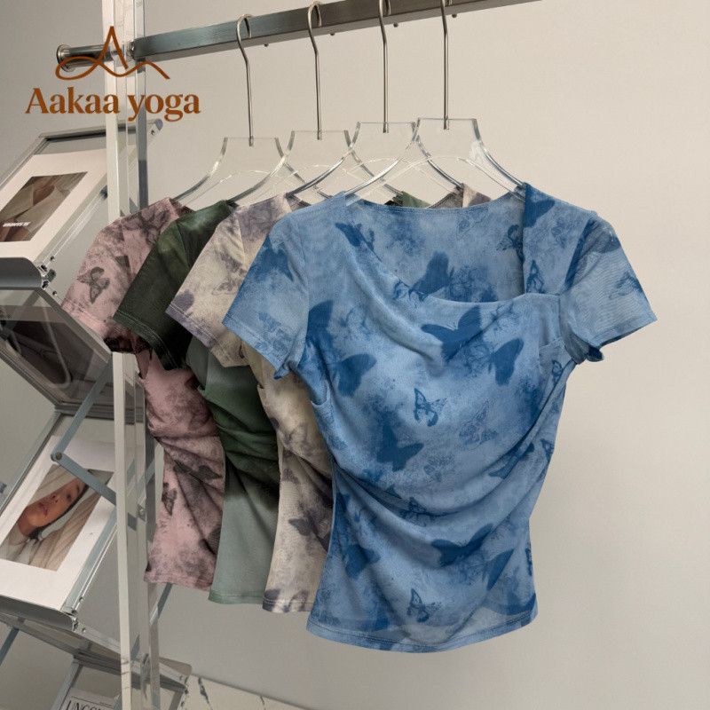 Ink Wash Print Mesh Yoga Short Sleeve Top for Women-in Pad Ruched Slim Fit New Chinese Style Sports Cover Up
