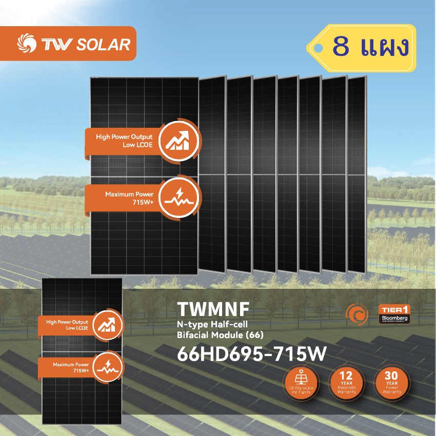 TW Solar แผงโซลาร์เซลล์ 715W N-Type รับแสงสองด้าน รุ่น 66HD695-715W (8 แผง)