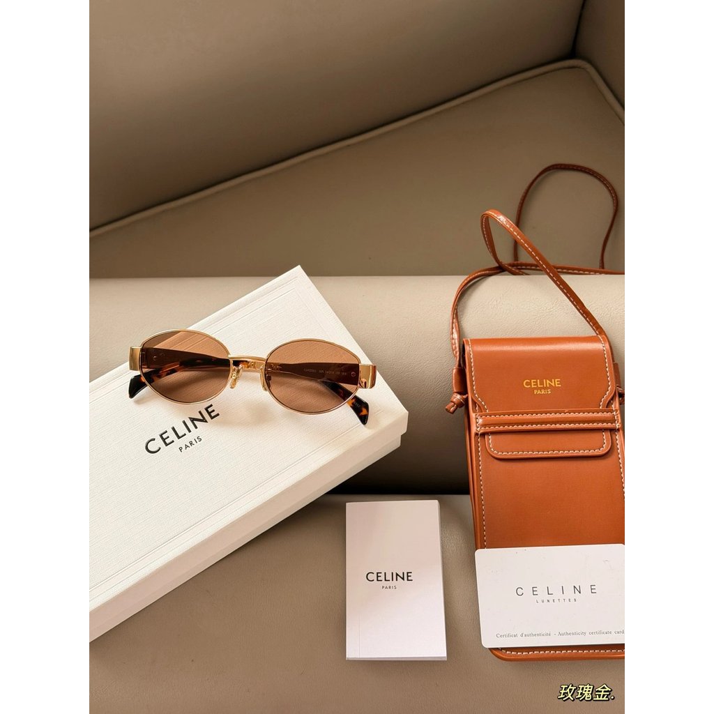 Celine Celine แว่นกันแดดกรอบโลหะแผ่นโลหะขาแว่นกันแดด Arc de Triomphe แว่นกันแดดกล่องจับคู่