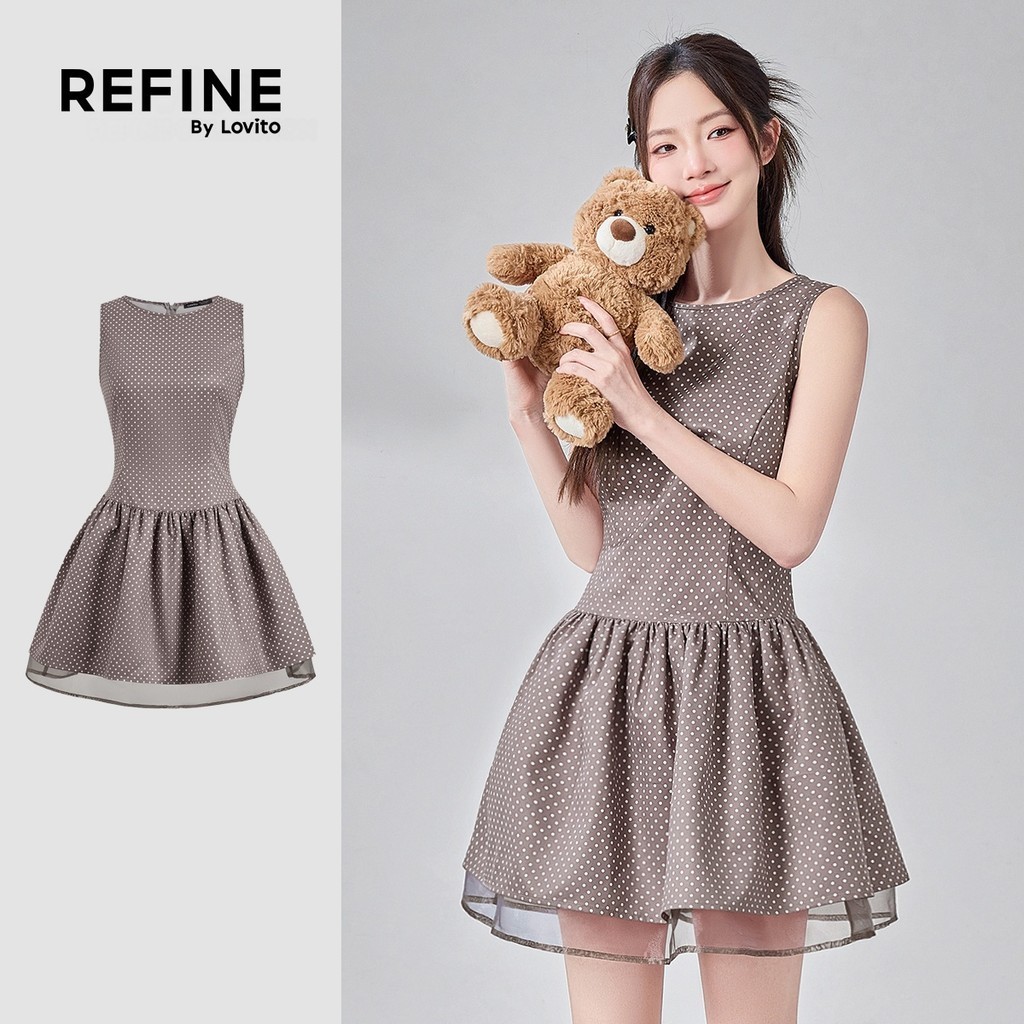 (Refine by Lovito) เดรสสีน้ําตาลน่ารักสองชั้นซิปสําหรับสุภาพสตรี LR29A100