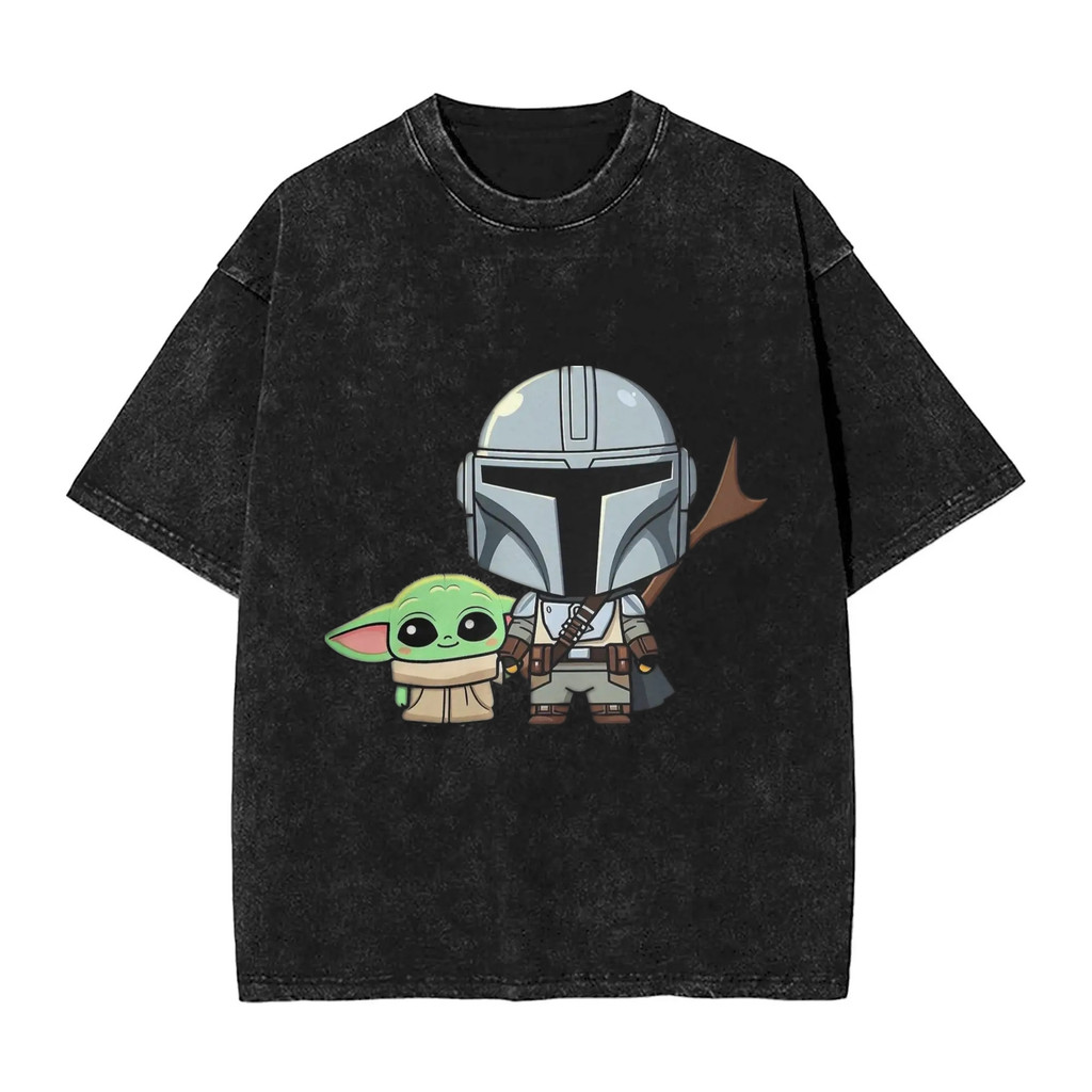 Star Wars The Mandalorian และ Grogu เสื้อยืดกราฟิก 100% ผ้าฝ้ายHeavyweight Washed Short Sleeve