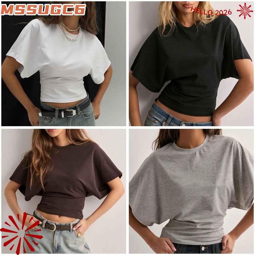 เสื้อครอปแขนสั้นมีรายละเอียดพับตกแต่ง สีทึบ คอกว้างแบบโอเช่อร์ สไตล์slim fit เหมาะสำหรับใส่เล่นสงกรานต์หรือเดินทางชายหาด