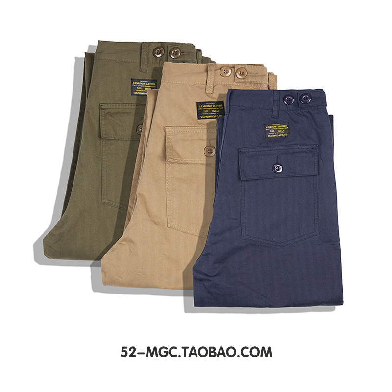 Ami สีกากีอเมริกันย้อนยุค Overalls กางเกง OG-107 รูปแบบก้างปลา Outdoor Camping ปรับสีกากีกางเกงลําลอ