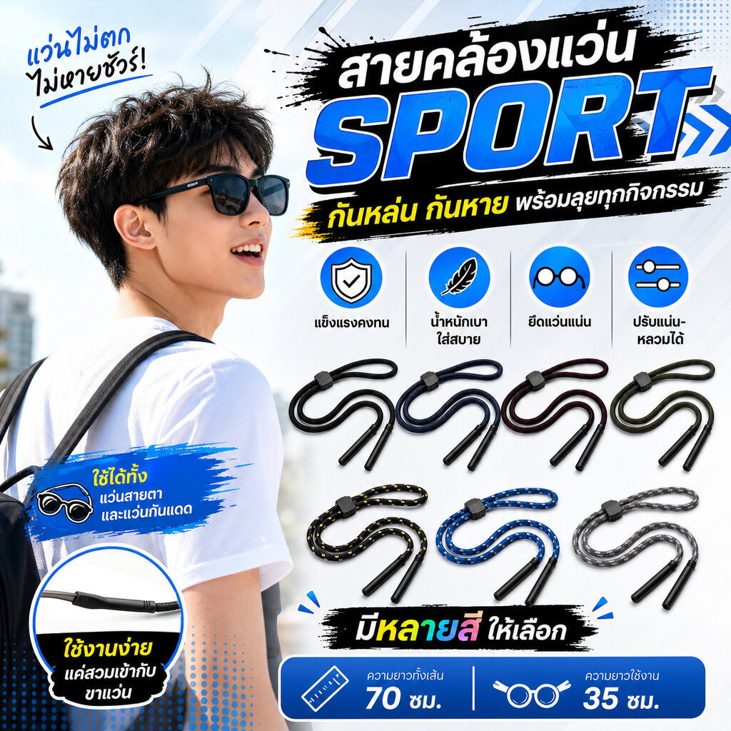 สายคล้องแว่นตา เชือกถัก มีตัวรัดปรับระดับ รัดแน่น เหมาะกับทุกกิจกรรม