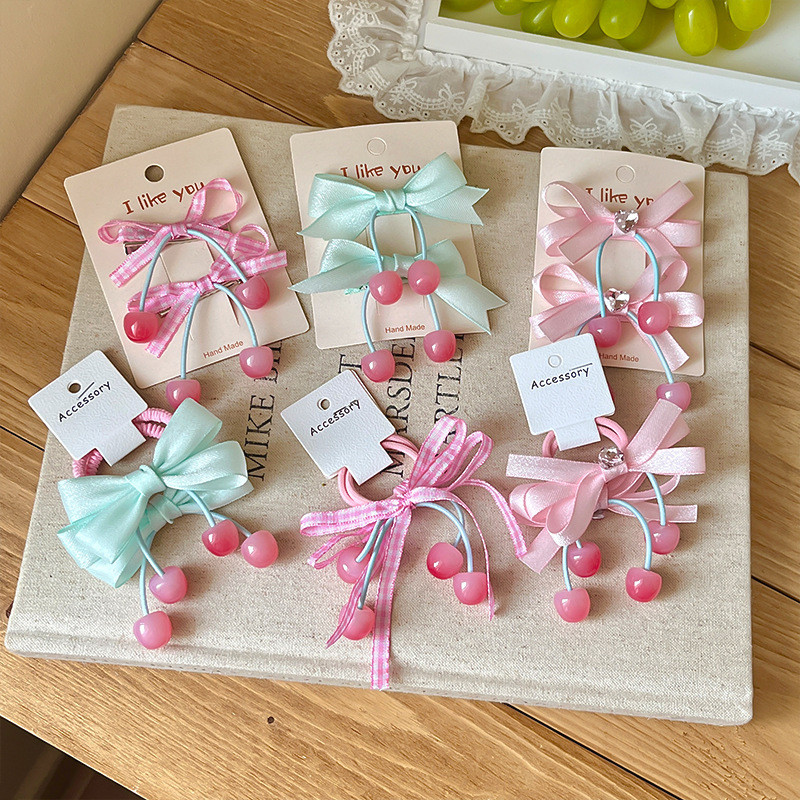 เด็ก Bowknot Cherry กิ๊บติดผมแหวนผมหวาน All-Match เด็ก Tie ผมยางรัดผมเชือกผมหักกิ๊บ