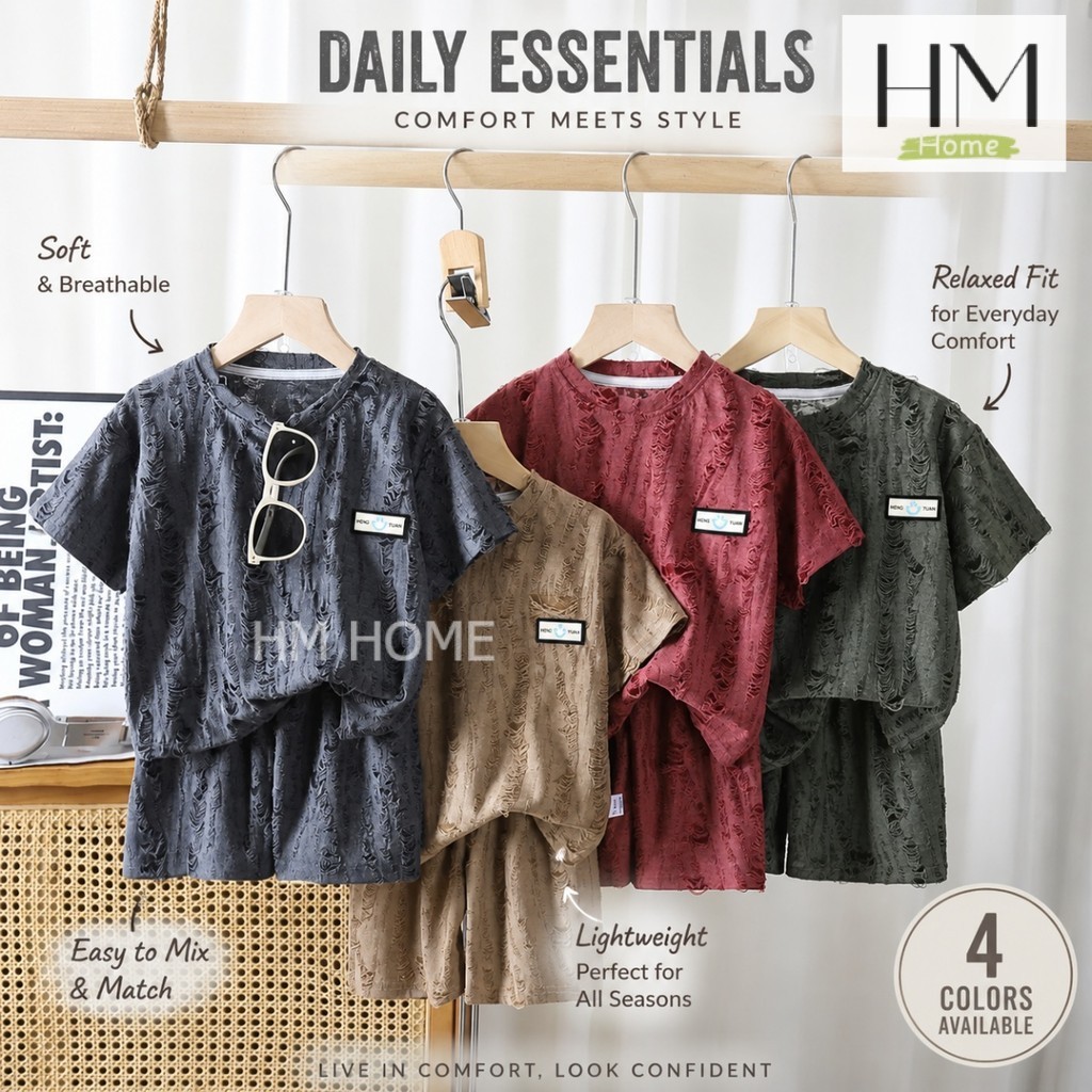 ชุดเด็กผู้ชายลายเท็กซ์เจอร์ เซ็ตเสื้อ+กางเกง ใส่สบาย สไตล์มินิมอล แต่งขาด