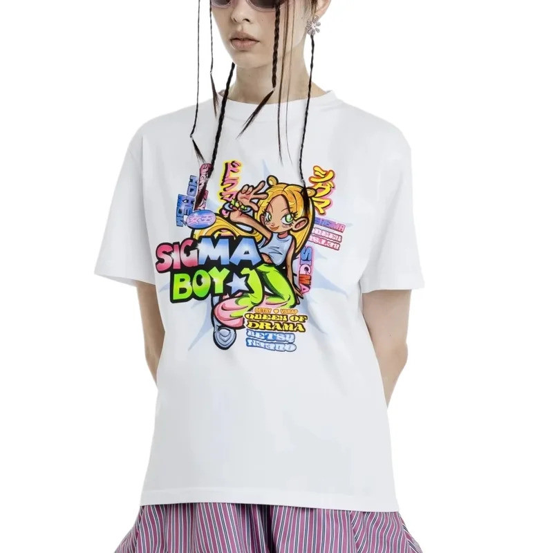 เสื้อผ้าสตรีทแวร์ผู้ชายไซส์ใหญ่ ลายการ์ตูน Sigma Boy พิมพ์ลายกราฟิก สไตล์ฮาราจูกุ เสื้อแขนสั้น ฮิปฮอ