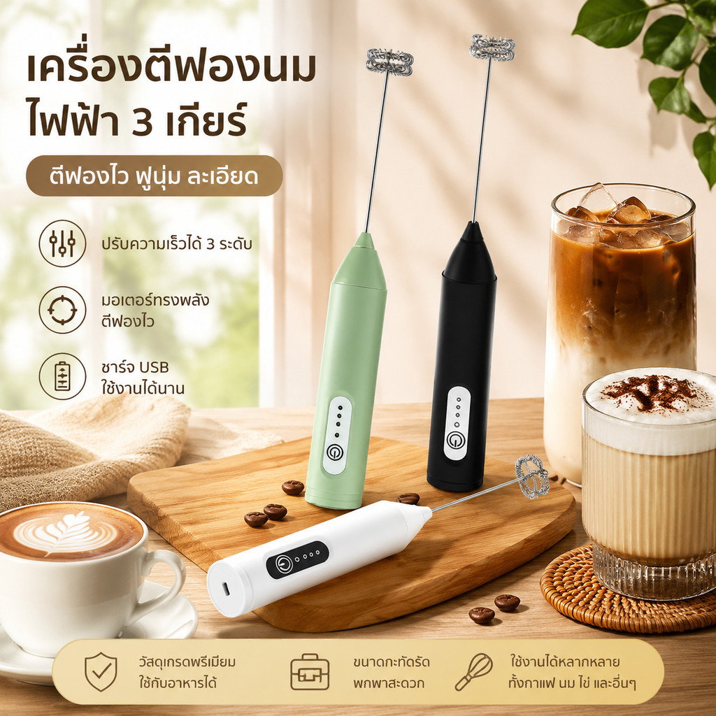 เครื่องตีฟองนมไฟฟ้าต่อเนื่อง USB ได้สปริงคู่ความเร็ว 3 ระดับ ตีฟองกาแฟ ตีไข่ ผสมเครื่องดื่ม พกพาสะดวก พร้อมส่ง