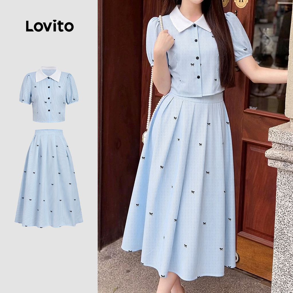 Lovito เสื้อผู้หญิงสีฟ้าฤดูใบไม้ผลิ/ฤดูร้อน แต่งจีบและกระดุม L164LD112 – โปรปัง