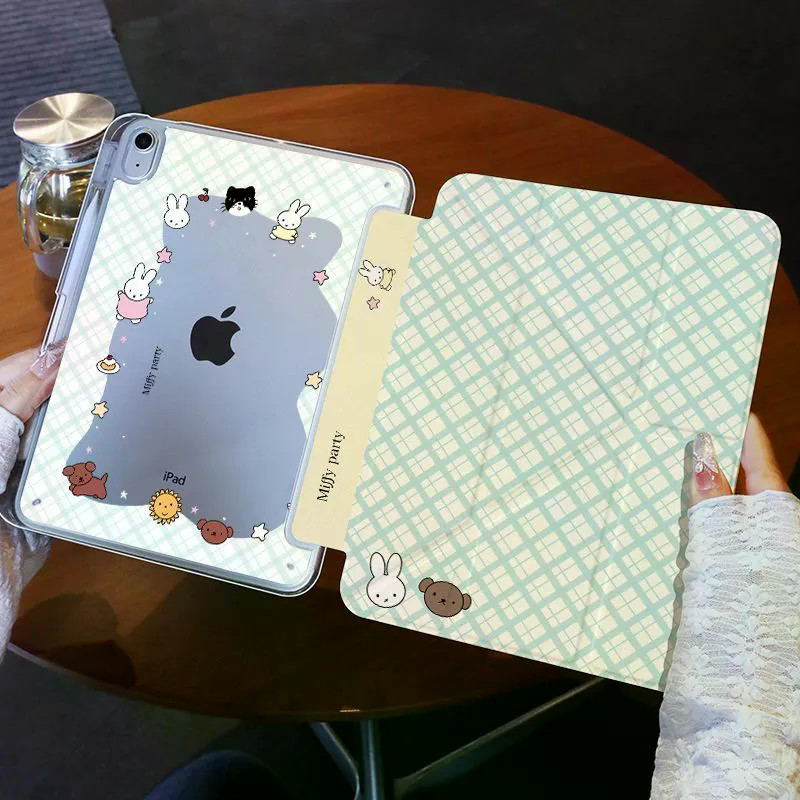 ลายสก๊อตสีเขียว Miffy Rabbit Y พับ iPad 11/10/9 รุ่น pro แท็บเล็ตป้องกันกรณี air7/6 ใหม่ A16 เคสป้องกัน