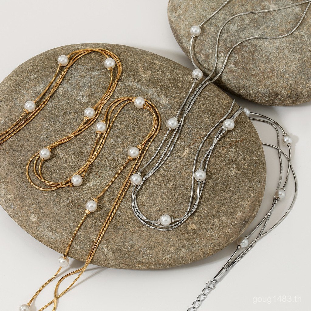 สไตล์ใหม่ Classy Three-Layer Clavicle Chain Extreme Chain High-End สร้อยคอขายร้อนขาตั้งอิสระ Pearl S