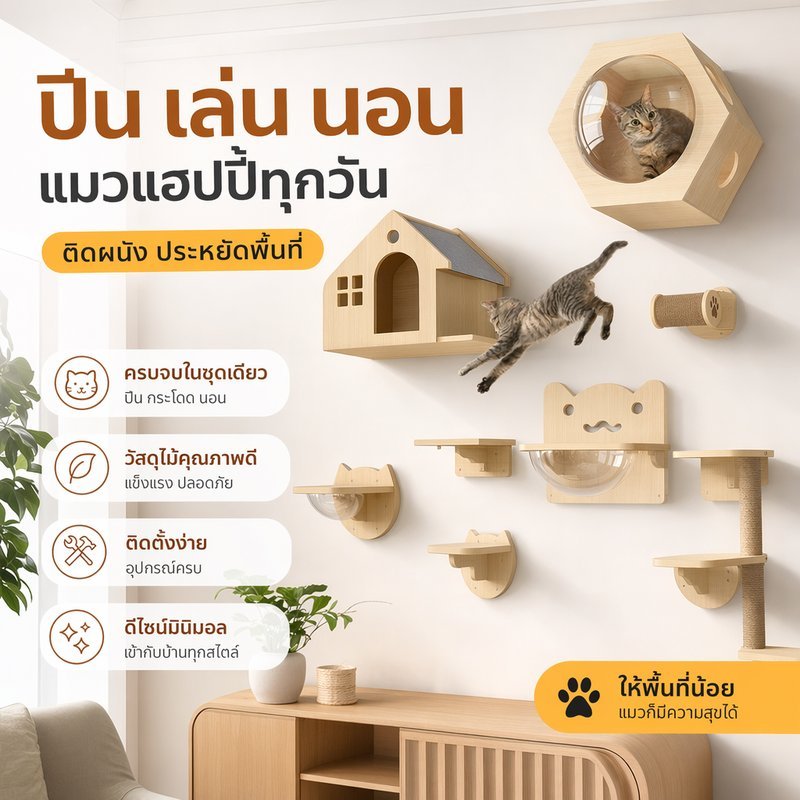 ชั้นแมวติดผนัง คอนโดแมวติดผนัง บ้านแมวติดผนัง ไม้ธรรมชาติ แคปซูลใส แข็งแรง มินิมอล