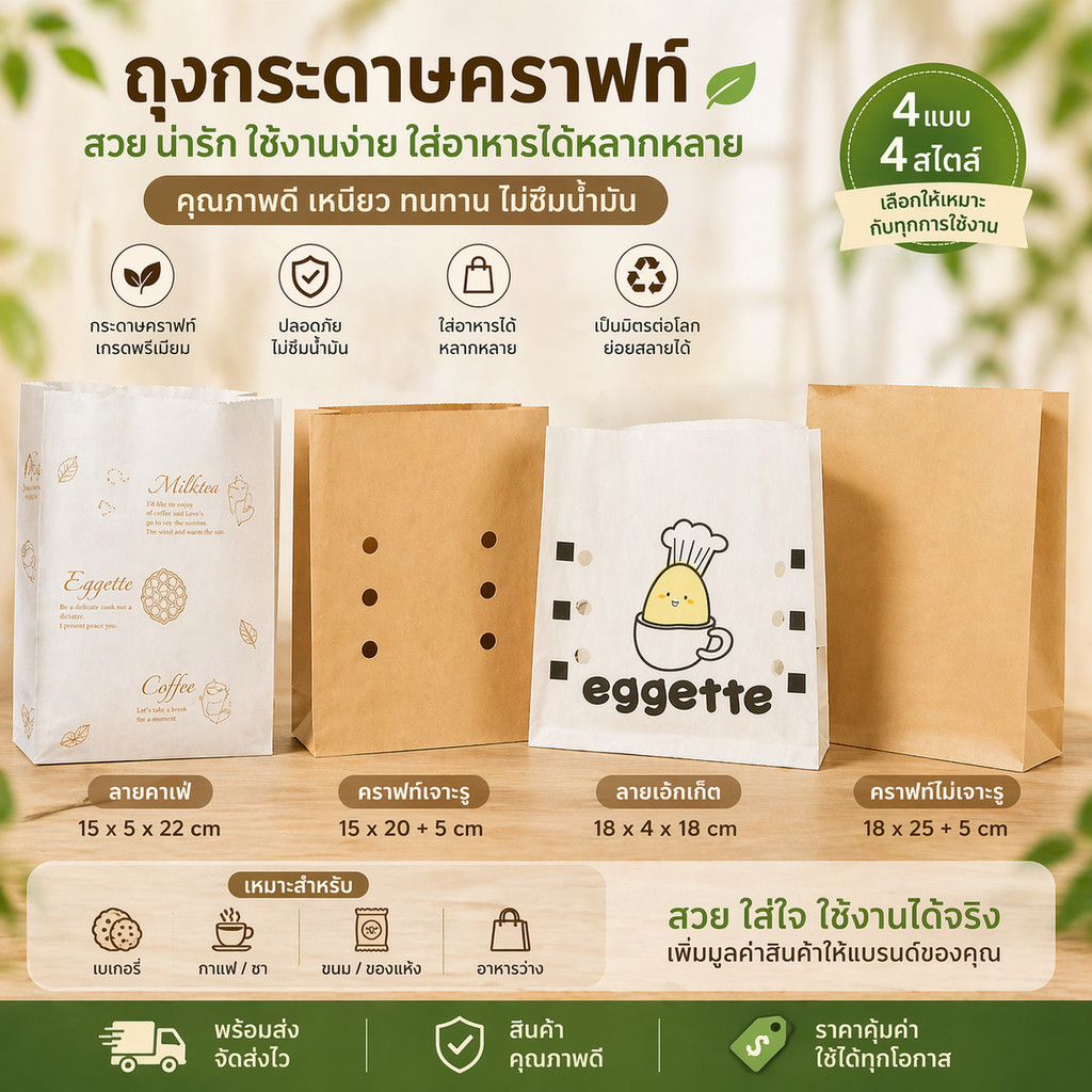 ซองกระดาษ ใส่ของทอด วาฟเฟิลฮ่องกง, ถุงกระดาษ อาหารอื่นๆ กันน้ำมันไม่ซึม เจาะรูระบายอากาศ ช่วยให้อากาศกรอบนาน