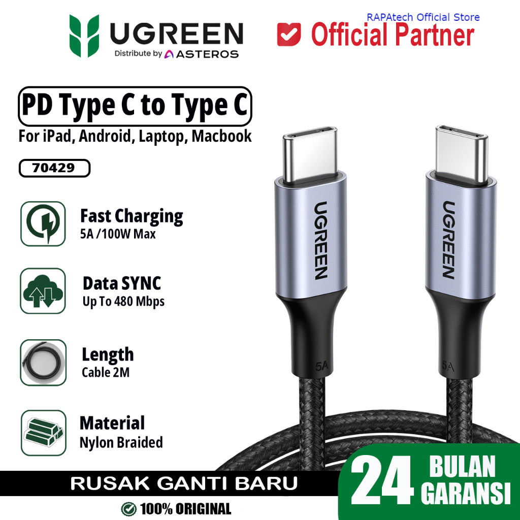 UGREEN USB Type C ถึง Type C PD QC 4.0 2M 5A 100W Super Fast สายชาร์จข้อมูล 70427 100 ซม.70429 200 ซ