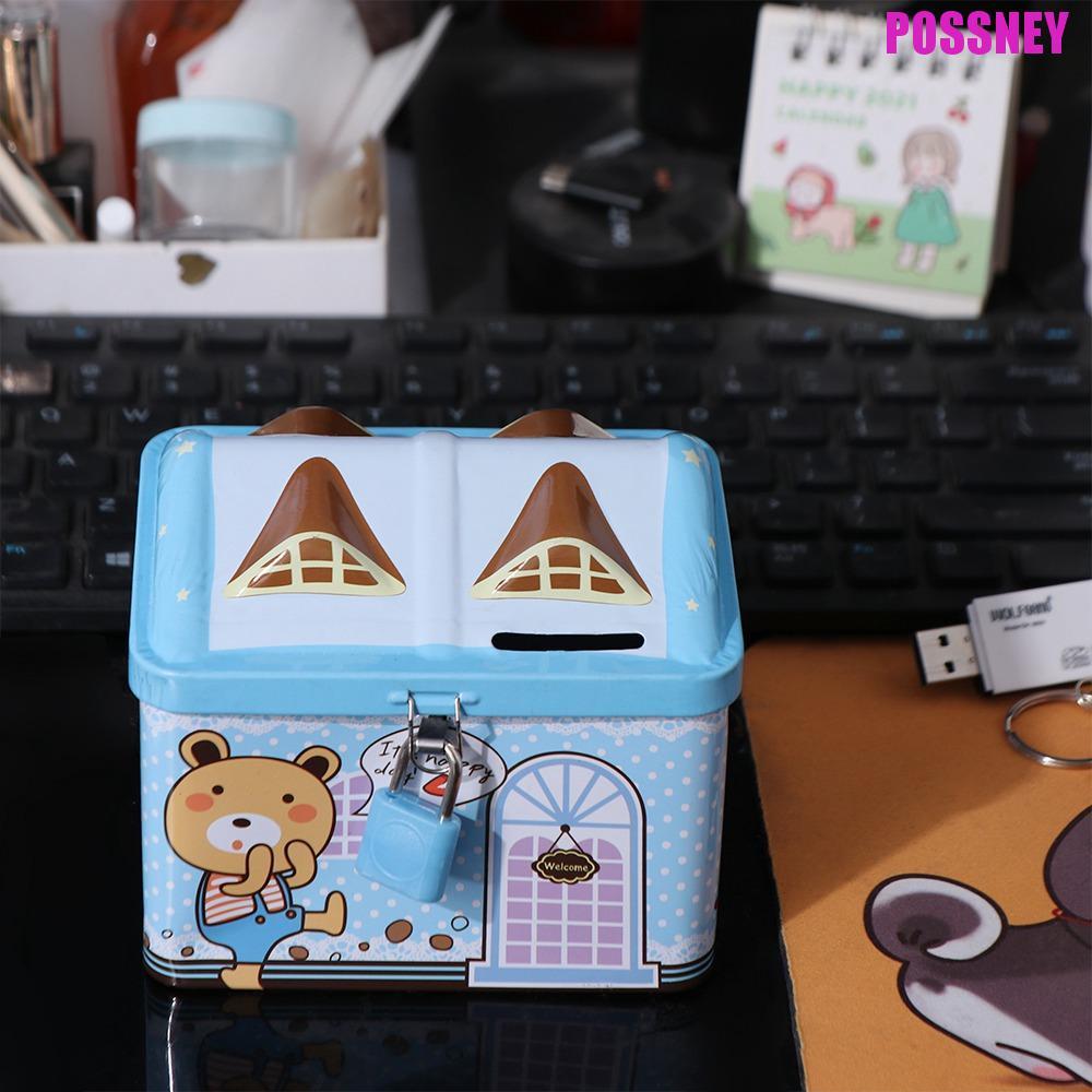 POSSNEY House Coin Box, Cute Metal House Shape Piggy Bank, Money Box with Key Lock Creative Coin Saf