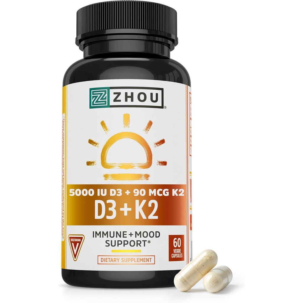 Zhou D3+K2 - วิตามิน D3 K2 plement for Women & Men, Immune port Vit D3 และ K2 plements สูตรมังสวิรัต