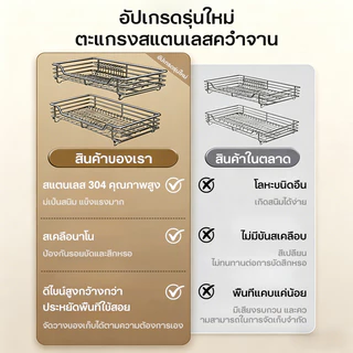 ชั้นวางจาน 304 ลิ้นชักสแตนเลส ตะแกรงคว่ำจาน ชั้นวางจานแบบลิ้นชักพร้อมรางเลื่อน 2ชั้น สำหรับหน้าบาน60,70,75,80และ90ซม K