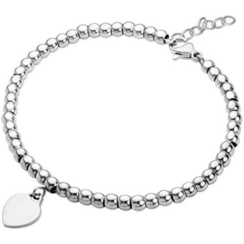 555Jewelry Womens Stainless Steel Love Heart Ch Beaded Delicate Bracelet Dangling