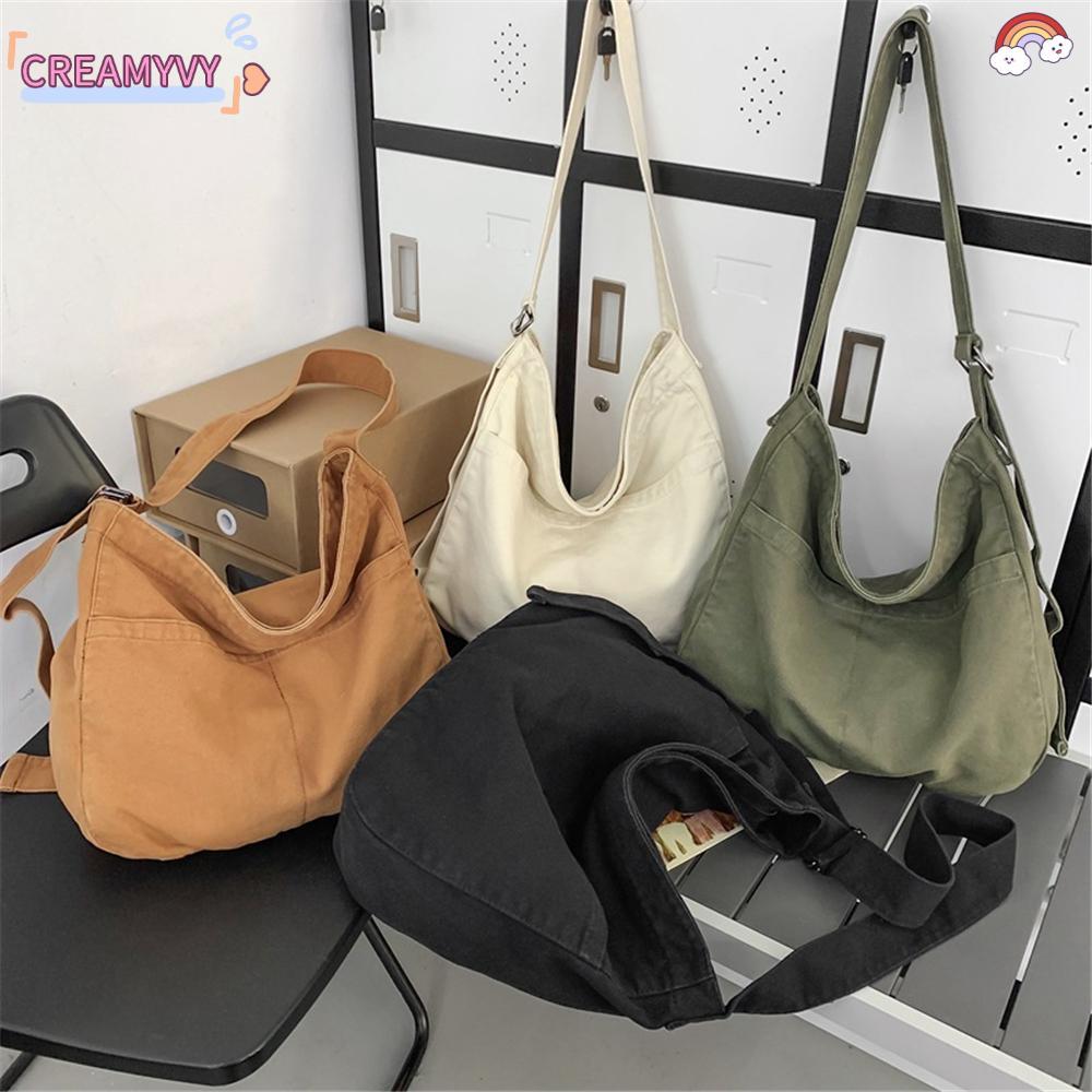CREAMYVY Canva Hobo Bag กระเป๋าสะพายข้างสไตล์ย้อนยุค มีหลายช่องเก็บของ