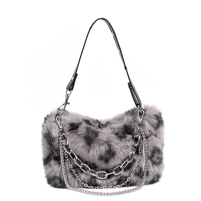 New Faux Fur Leopard Shoulder Bag Women Autumn Winter Handbag Ladies Leopard Print Clutch Bag Fluffy