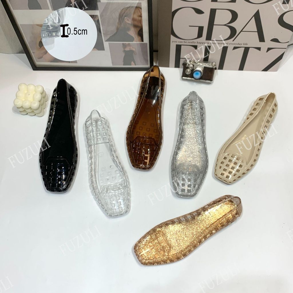 รองเท้าสุภาพสตรี Jelly สไตล์แฟชั่น ปากตื้น Hollow Square Toe แบบ Slip-On ใส่สบายสำหรับวันสบายๆ