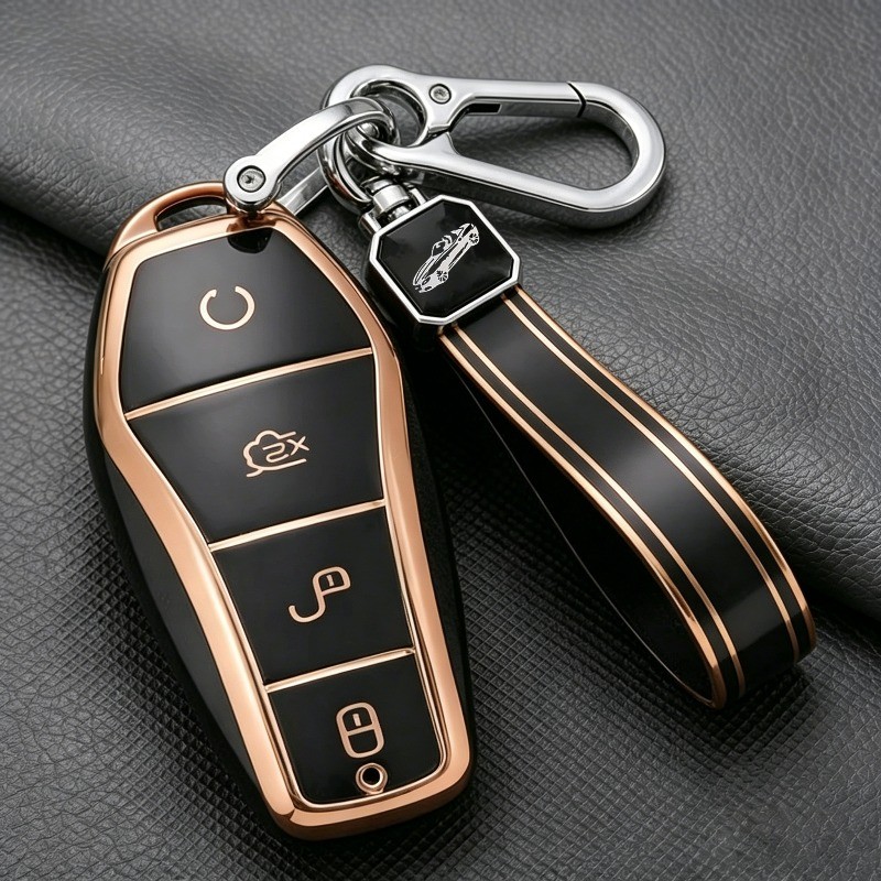เคสกุญแจรถ BYD พร้อมพวงกุญแจหนังขอบทองสําหรับอุปกรณ์เสริม Atto 3 Dolphin Han EV