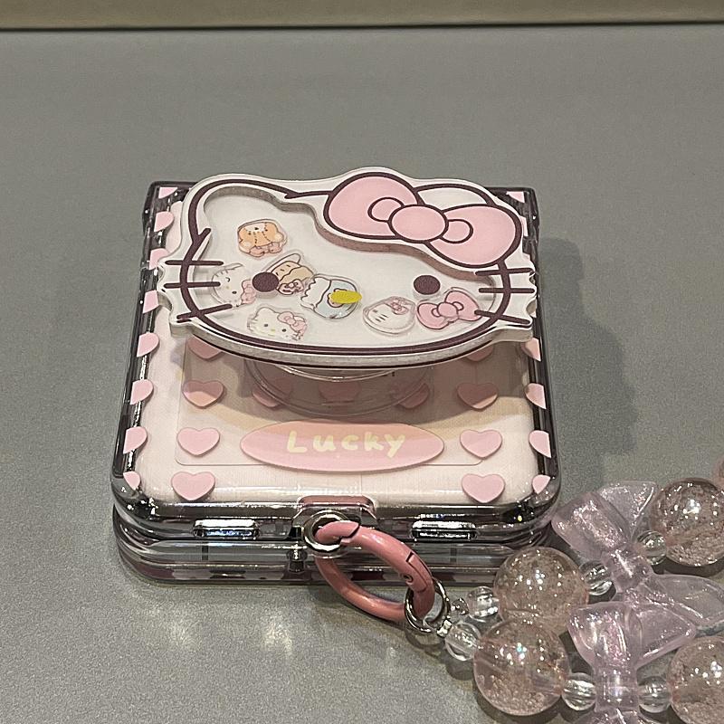 Samsung Galaxy ZFlip7 ZFlip6 สาวการ์ตูนน่ารักLove Love Shaker KT Cat Stand Chainเคสโทรศัพท์เข้ากันได้กับพับฮาร์ดเชลล์ฝาครอบป้องกันสําหรับZFlip 7 6 5 4 3 5G
