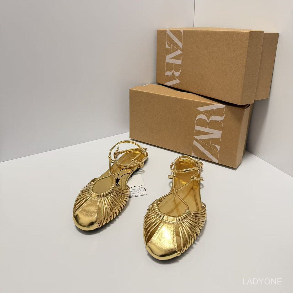 ZARA Hot-Selling Womens Shoes Gold-Plated Metallic Hollowed-Out Round-Toe Strap Sandals