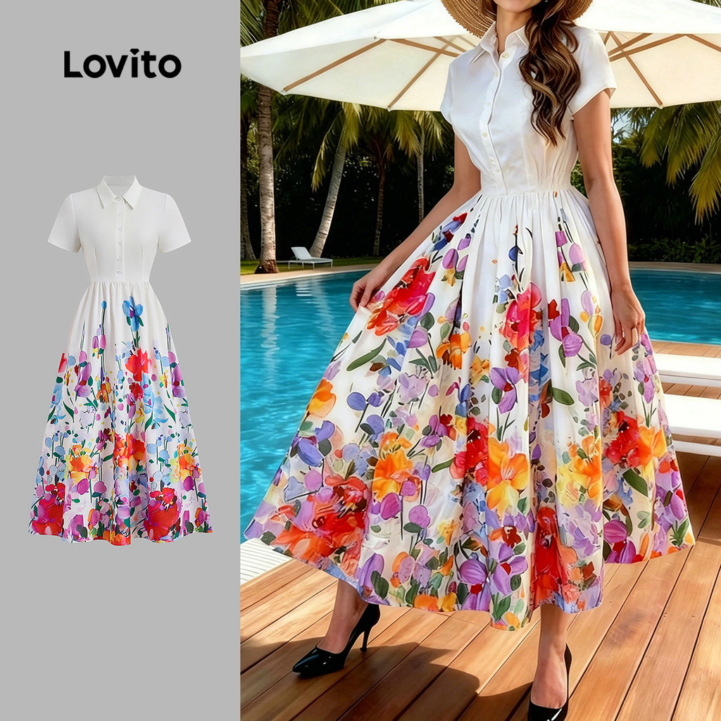 Lovito เดรสโบโฮลายกระดุมฤดูใบไม้ผลิ/ฤดูร้อนสําหรับผู้หญิง LBL32144