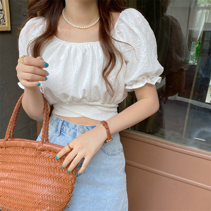 เสื้อเชิ้ต White Puff Sleeve Gentle French Crop Short Niche Clean Soft Chic