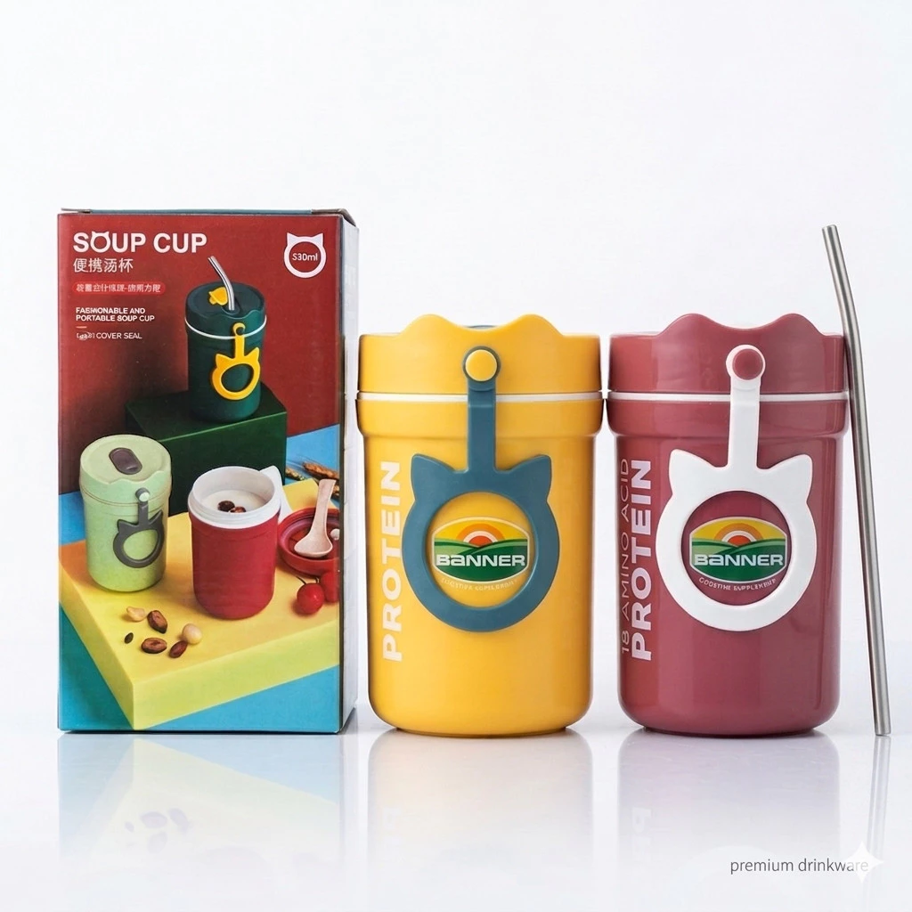 Soup Cup มีฝาปิด แบบพกพา ทนความร้อนได้ 20 - 120 องศาเซลเซียส ขนาด 330 ml. พร้อมหลอด [คละสี] PC