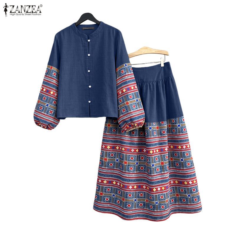 ZANZEA ซานเซีย ผู้หญิงเกาหลีคอกลมแขนยาวพร้อมปุ่มเย็บปะติดปะต่อกันบล็อกสีเอวยางยืดไม่มีกระเป๋าหลวมเสื้อและชุดกระโปรง