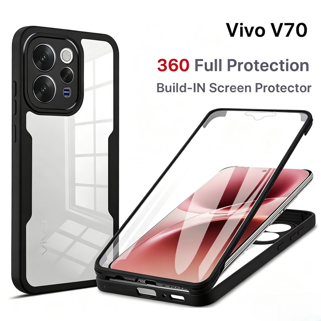 [2 IN 1] เคสโทรศัพท์เหมาะสําหรับ Vivo V70 V60 Lite ตัวป้องกันหน้าจอในตัว 360 ̊ ป้องกันเต็มกันกระแทกโปร่งใสป้องกันรอยขีดข่วนปกป้องกล้อง