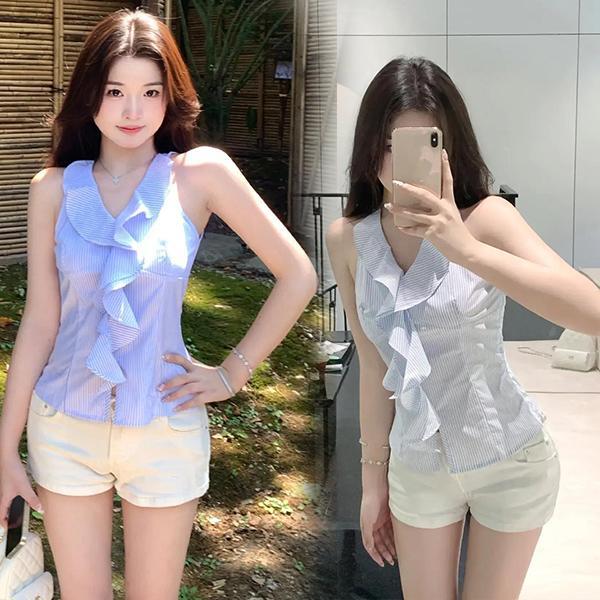 mimi&didi[สินค้าพร้อมส่ง]เสื้อเชิ้ตแขนกุดระบายลายทางสำหรับผู้หญิง เสื้อกล้ามแลเสื้อสายเดี่ยว สไตล์หวานและน่ารัก#W724