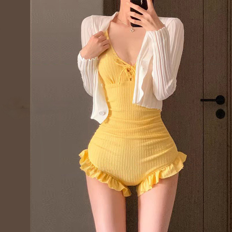 ชุดว่ายน้ําผู้หญิงสลิงชิ้นเดียวสีทึบแขนยาวSlimmerดูSlim-Fitเซ็กซี่Backlessชุดว่ายน้ําน้ําพุร้อน