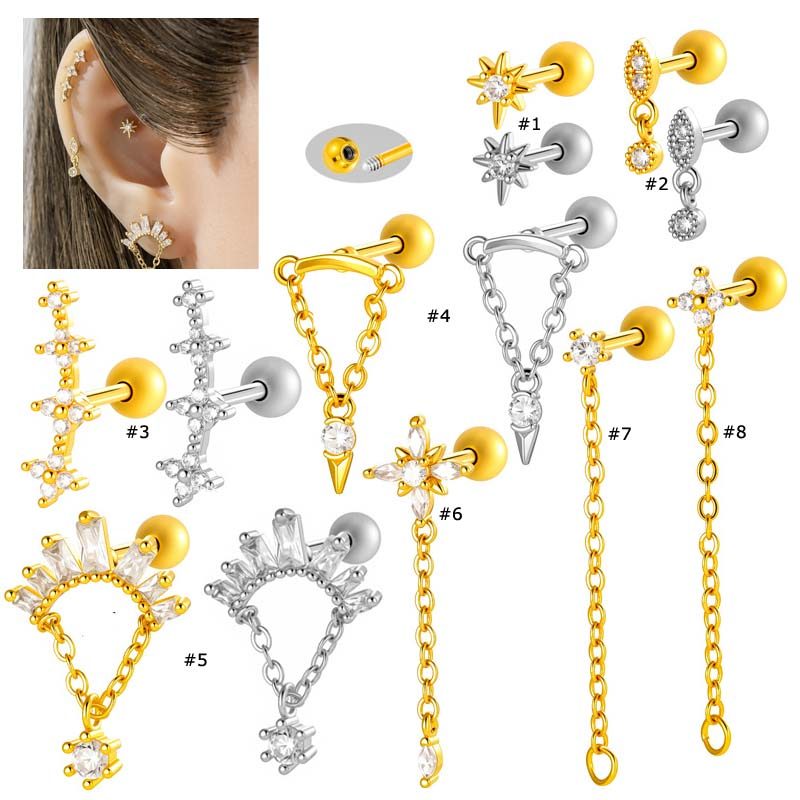 1 ชิ้น/เดี่ยวดอกไม้รูปร่างโซ่ Dangle หู Helix Lobe เจาะ 16Gauge สแตนเลส Zirconia กระดูกอ่อนต่างหู Stud