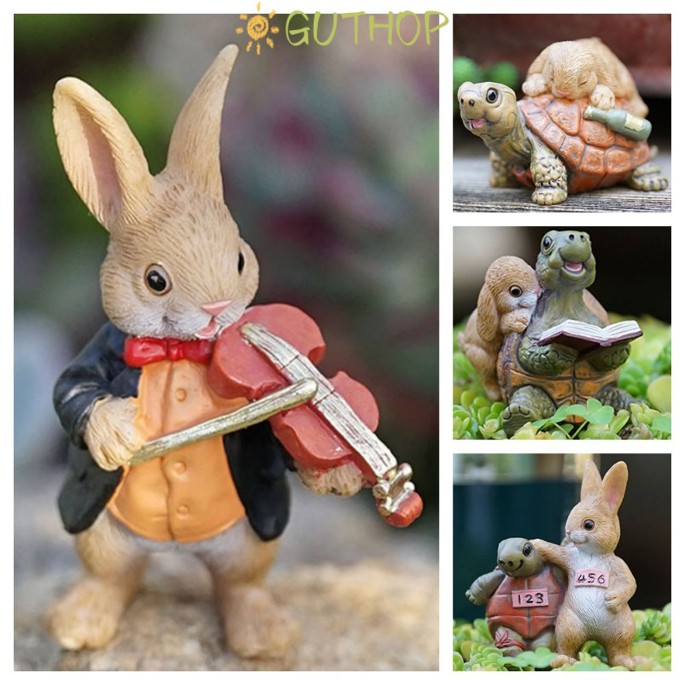 GUTHOP รูปปั้นเต่าสวน, เรซิ่นหลากสีการ์ตูนกระต่ายตุ๊กตา, ของขวัญเครื่องประดับบอนไซ Micro Landscape กันน้ําสนามหญ้าสัตว์ประติมากรรม Yard