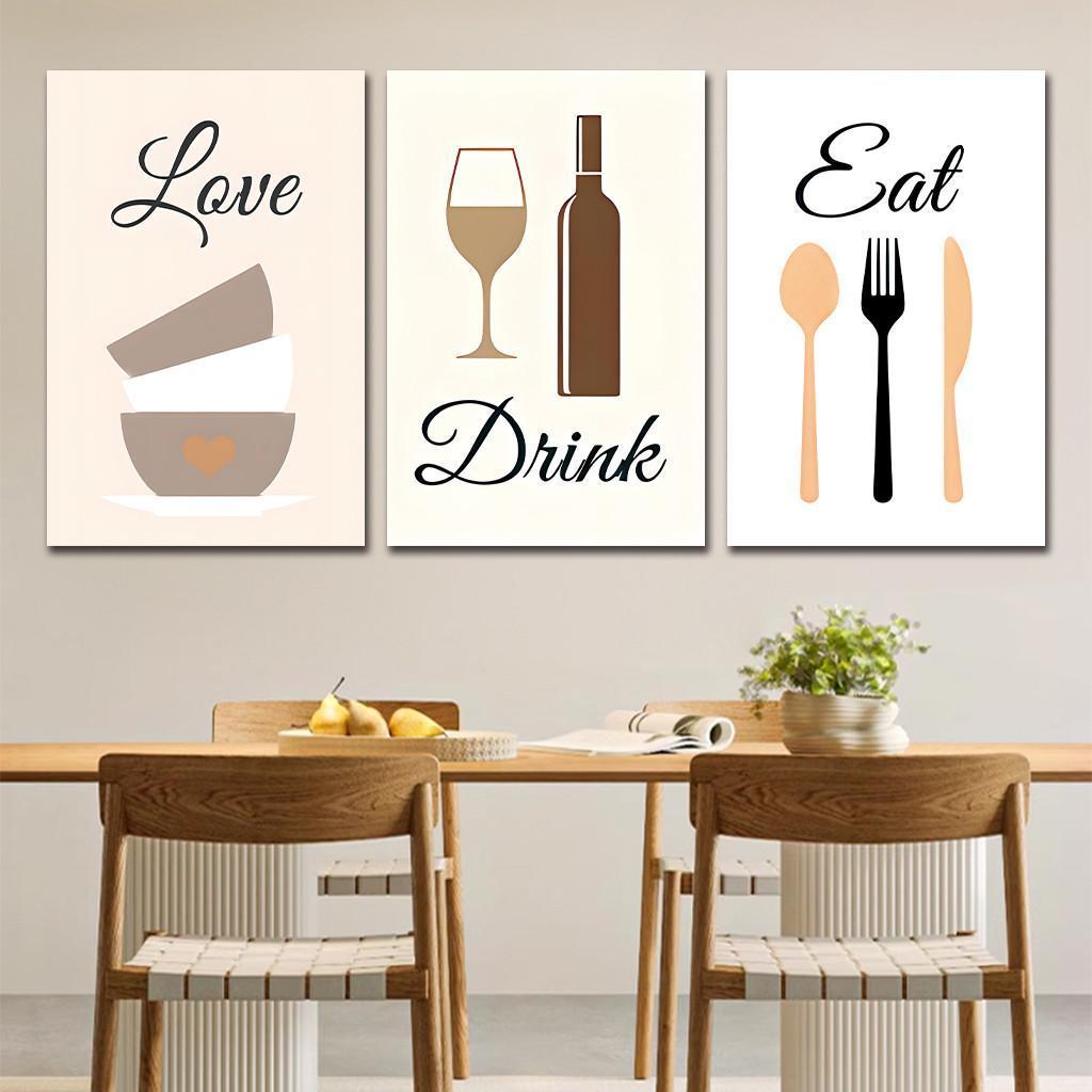 ชุด 3 ชิ้น ของตกแต่งผนัง แก้วไวน์แดง คำว่า Eat Drink Love ตกแต่งห้องครัว ศิลปะติดผนังบ้าน