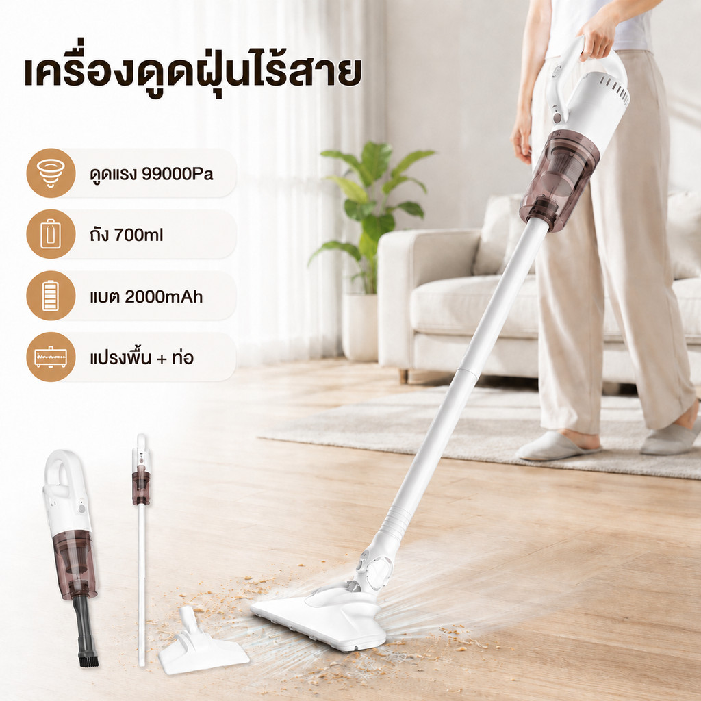 เครื่องดูดฝุ่นไร้สาย 3in1 สำหรับบ้านและรถ แรงดูดสูง ถ้วยฝุ่น 700ML แบต 2000mAh พกพาง่าย