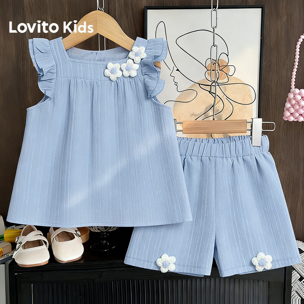 Lovito Kids ชุดกางเกงขาสั้นลําลองสําหรับเด็กผู้หญิง แต่งระบายลายปักสําหรับฤดูใบไม้ผลิ/ฤดูร้อน สีฟ้า L186LD218