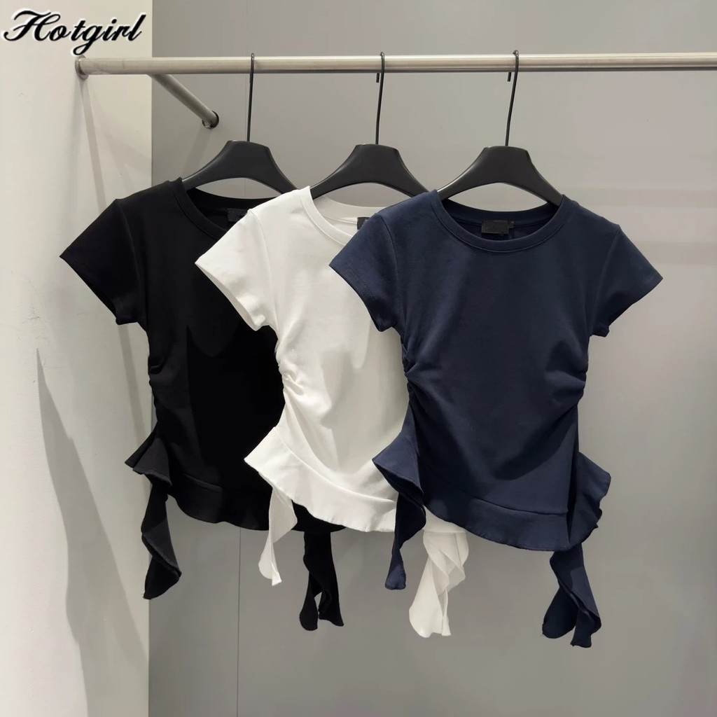 Hotgirl พร้อมส่ง เสื้อยืดผู้หญิงทรงไม่สมมาตรระบาย สีพื้น ช่วยพลางหุ่น สไตล์เกาหลีแสนหวาน