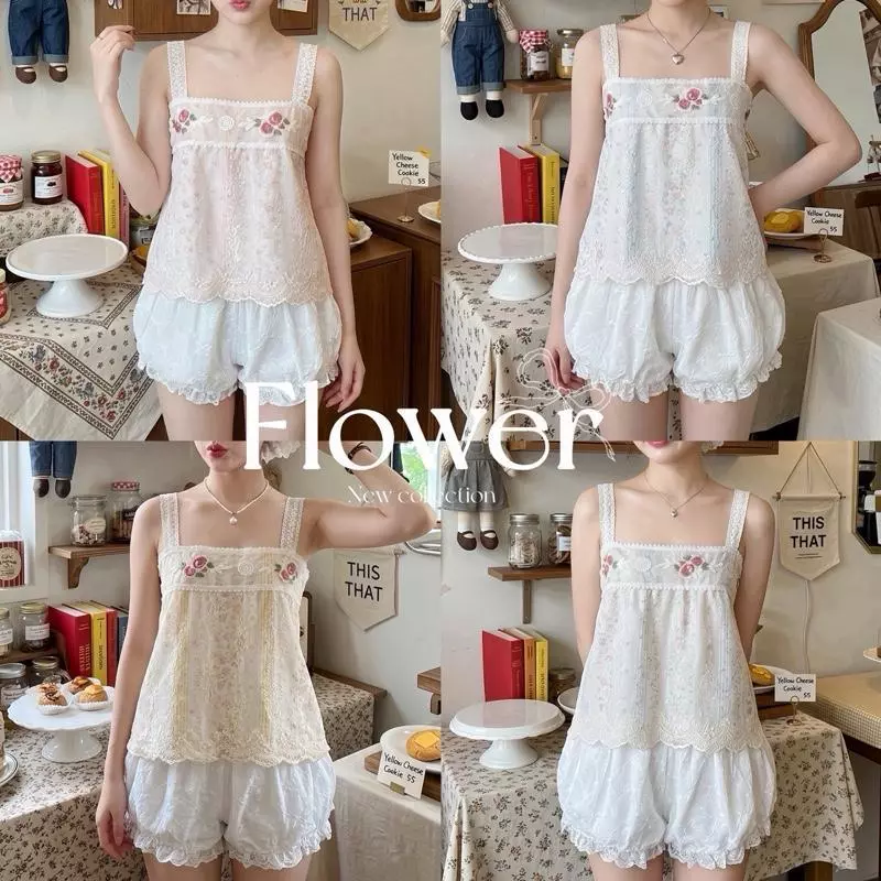 Flower look สายเดี่ยวลูกไม้ ผ้าฉลุลูกไม้ กางเกงลูกไม้ น่ารักมาก t6+t16