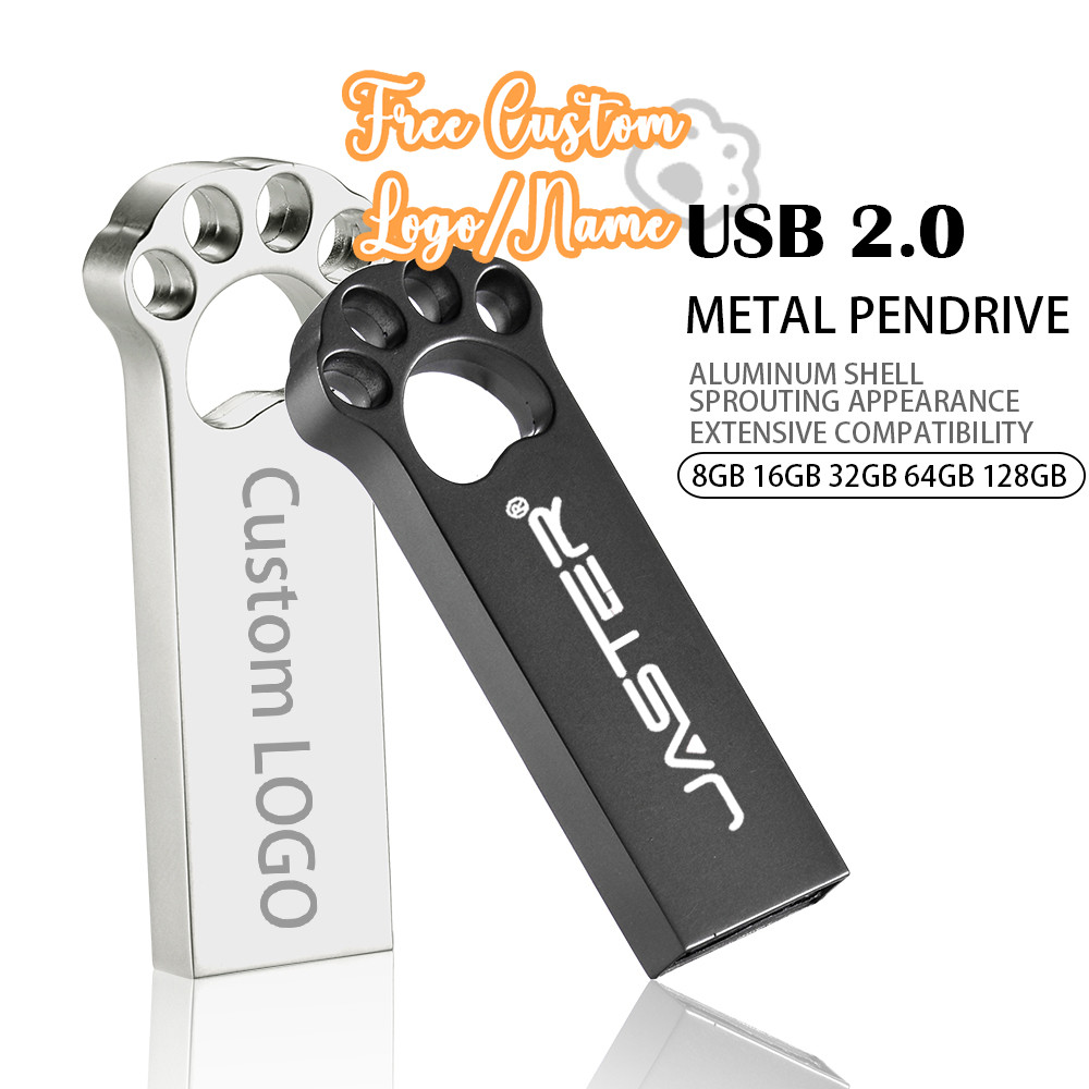 SHANDIAN Cats Paw USB 2.0 แฟลชไดรฟ์ 128GB ไดรฟ์ปากกาโลหะ 64GB โลโก้ที่กําหนดเอง Memory Stick 32GB น่ารัก Pendrive 16GB ฟรีเลเซอร์แกะสลัก USB Stick 8GB ของขวัญสร้างสรรค์ U Disk 4GB